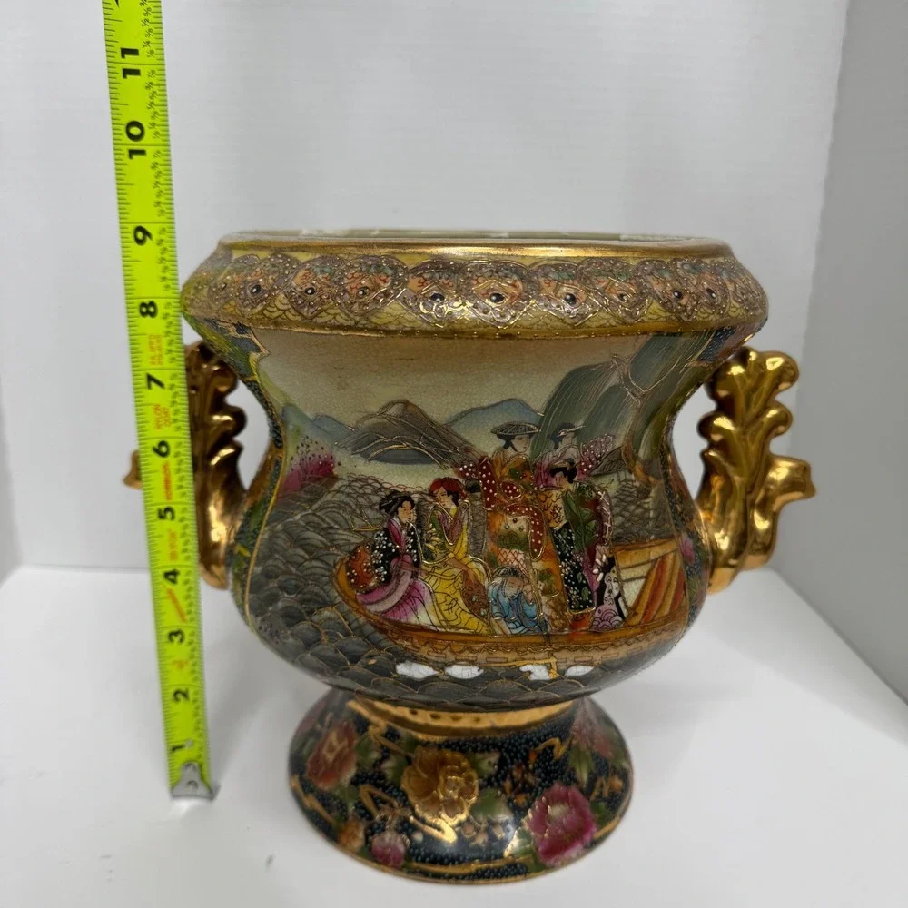 Vintage Japanese Satsuma Moriage Urn Vase Geisha Boat Scene Gold Gilt 7in